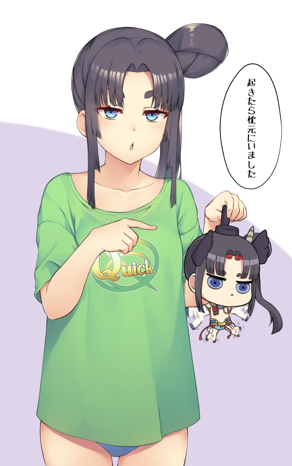 1girl bangs black_hair blue_eyes blue_panties blush breasts fate/grand_order fate_(series) long_hair looking_at_viewer medium_breasts open_mouth p!nta panties parted_bangs quick_shirt side_ponytail thick_eyebrows underwear ushiwakamaru_(fate/grand_order)