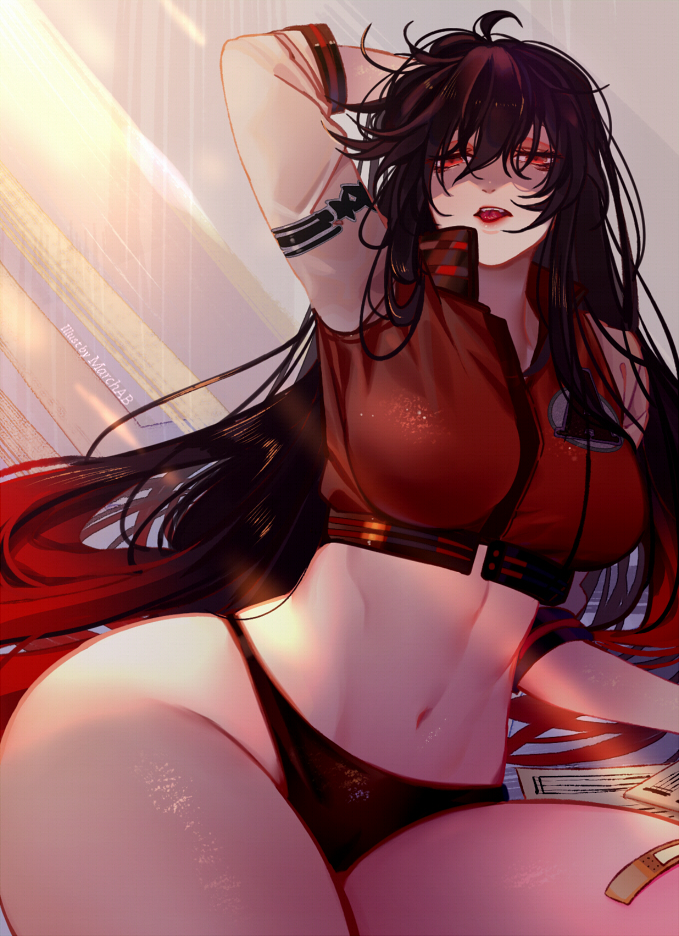 black_hair black_panties breasts commentary_request crop_top cropped_jacket fate/grand_order fate_(series) hair_between_eyes hair_over_eyes hand_behind_head hand_up large_breasts lipstick long_hair makeup marchab_66 messy_hair navel oda_nobunaga_(fate) oda_nobunaga_(fate)_(all) oda_nobunaga_(maou_avenger)_(fate) open_mouth panties red_eyes redhead sitting solo sunlight thigh_strap tongue tongue_out underwear