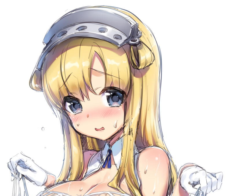 1girl blonde_hair blue_eyes breasts cargo_net commentary_request double_bun fletcher_(kantai_collection) gloves hairband hisasi kantai_collection large_breasts long_hair looking_at_viewer net open_mouth simple_background solo upper_body white_background white_gloves work_in_progress