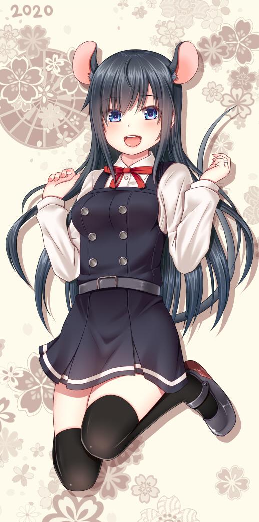 1girl 2020 :d animal_ear_fluff animal_ears asashio_(kantai_collection) bangs black_dress black_hair black_legwear blue_eyes blush breasts brown_background chinese_zodiac collared_shirt commentary_request dress dress_shirt eyebrows_visible_through_hair floral_background full_body grey_footwear hair_between_eyes hanazome_dotera hands_up jewelry kantai_collection kemonomimi_mode long_hair long_sleeves looking_at_viewer medium_breasts mouse_ears mouse_girl mouse_tail nail_polish neck_ribbon open_mouth pinafore_dress pink_nails red_ribbon remodel_(kantai_collection) ribbon ring school_uniform shirt shoes sleeveless sleeveless_dress smile solo tail thigh-highs upper_teeth very_long_hair wedding_band white_shirt year_of_the_rat