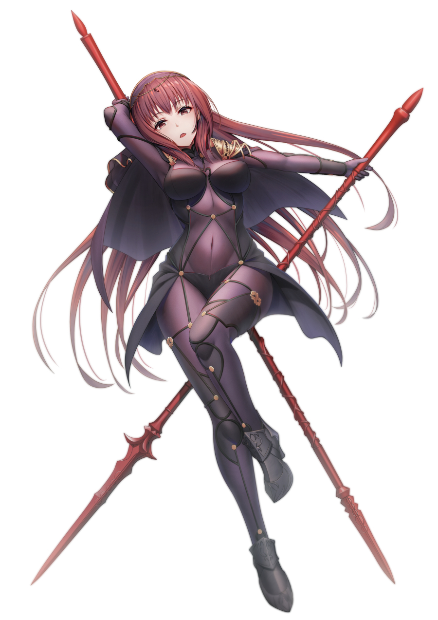 1girl bodysuit breasts covered_navel dual_wielding fate/grand_order fate_(series) gae_bolg highres holding holding_weapon leotard long_hair pauldrons polearm purple_bodysuit purple_hair purple_leotard red_eyes scathach_(fate)_(all) scathach_(fate/grand_order) shoron shoulder_armor simple_background solo spear weapon white_background