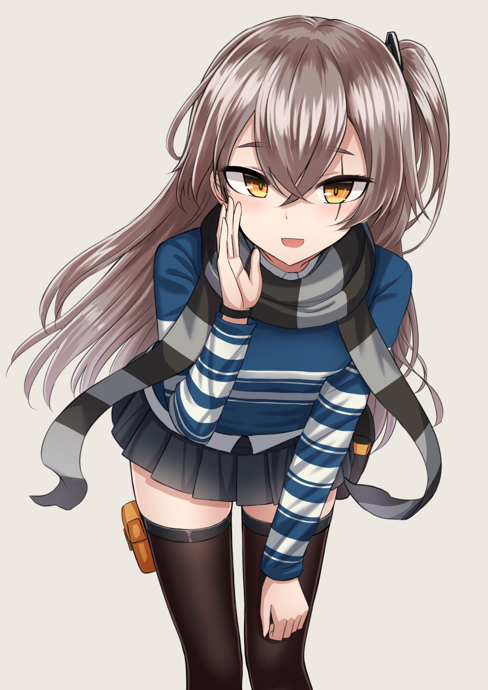1girl black_skirt blue_shirt brown_hair brown_legwear girls_frontline hand_on_own_thigh hand_up highres leaning_forward long_hair long_sleeves looking_at_viewer miniskirt one_side_up open_mouth orange_eyes pleated_skirt pouch rabochicken scar scar_across_eye scarf shirt skirt smile solo thigh-highs ump45_(girls_frontline) undershirt very_long_hair wristband zettai_ryouiki