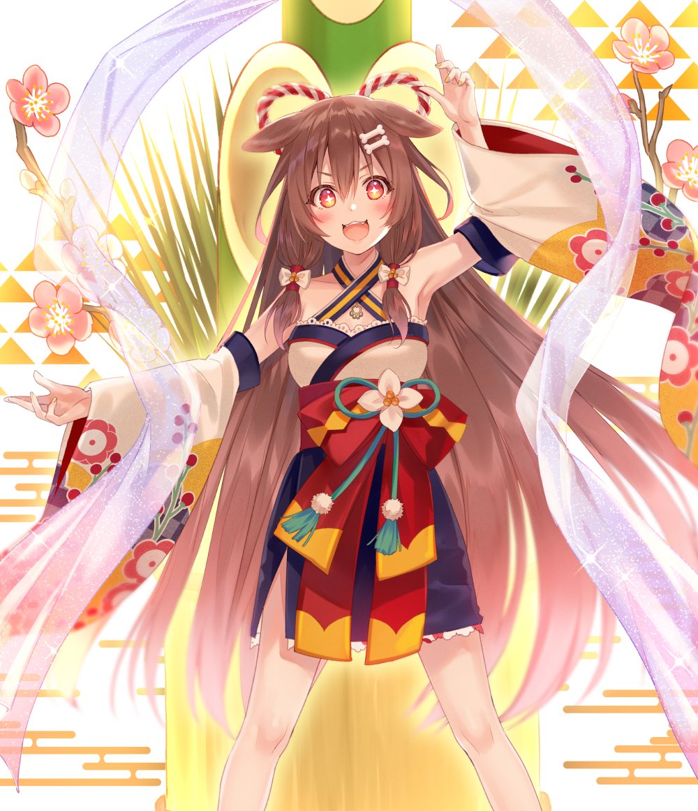 +_+ 1girl alternate_costume alternate_hairstyle animal_ears arm_up armpits blush bone_hair_ornament breasts brown_eyes brown_hair commentary_request detached_sleeves dog_ears fukahire_(ruinon) hair_between_eyes hair_ribbon hololive inugami_korone japanese_clothes long_hair looking_at_viewer ribbon solo very_long_hair