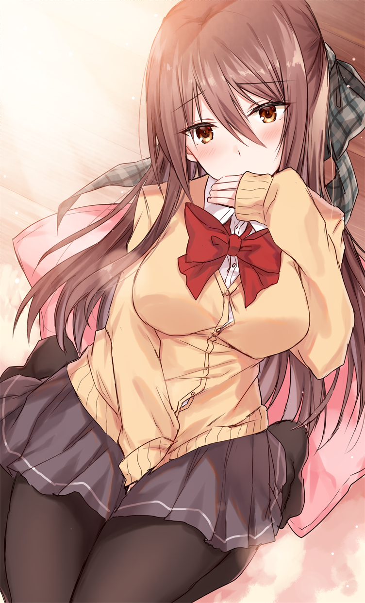 1girl bangs between_legs black_legwear blush bow breasts brown_cardigan brown_eyes brown_hair cardigan collared_shirt commentary_request covered_mouth dress_shirt eyebrows_visible_through_hair grey_skirt hair_between_eyes hair_bow hand_between_legs highres kinona long_hair long_sleeves looking_at_viewer medium_breasts no_shoes original pantyhose pillow plaid plaid_bow pleated_skirt red_bow school_uniform shirt skirt sleeves_past_wrists solo very_long_hair white_shirt