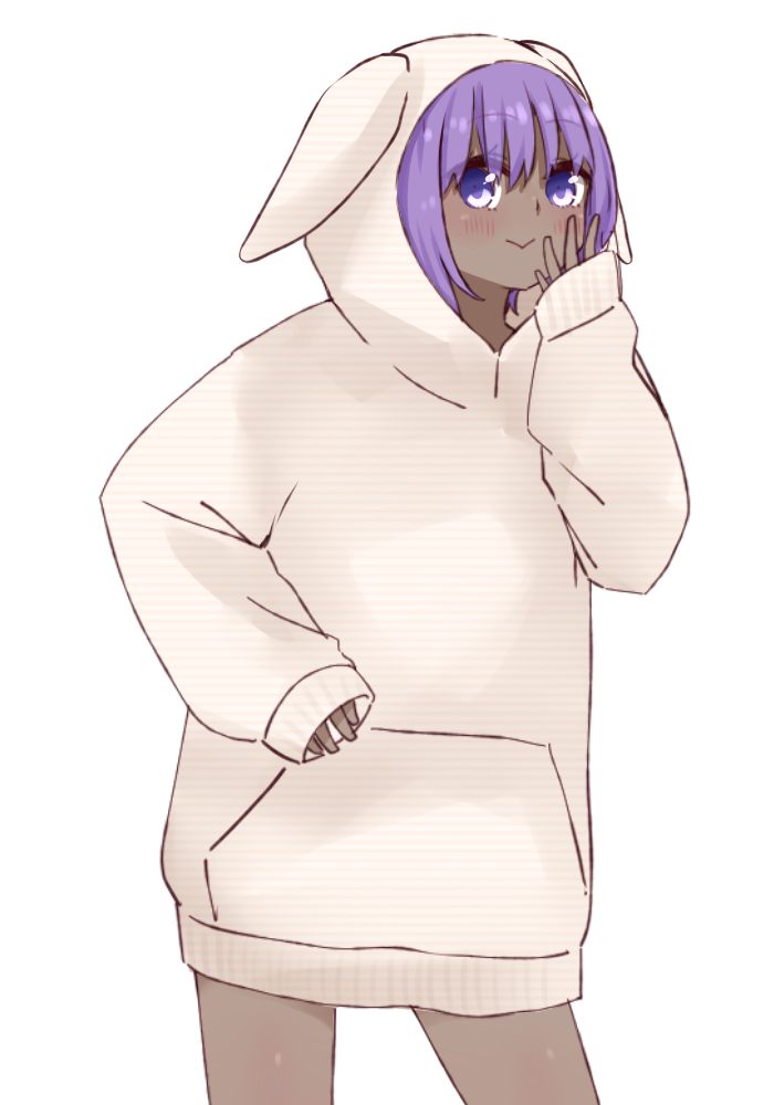 1girl :&gt; animal_ears animal_hood bangs blush closed_mouth dark_skin eyebrows_visible_through_hair fake_animal_ears fate/prototype fate/prototype:_fragments_of_blue_and_silver fate_(series) hair_between_eyes hassan_of_serenity_(fate) hood hood_up hoodie i.u.y long_sleeves purple_hair simple_background sleeves_past_wrists solo striped unmoving_pattern violet_eyes white_background white_hoodie