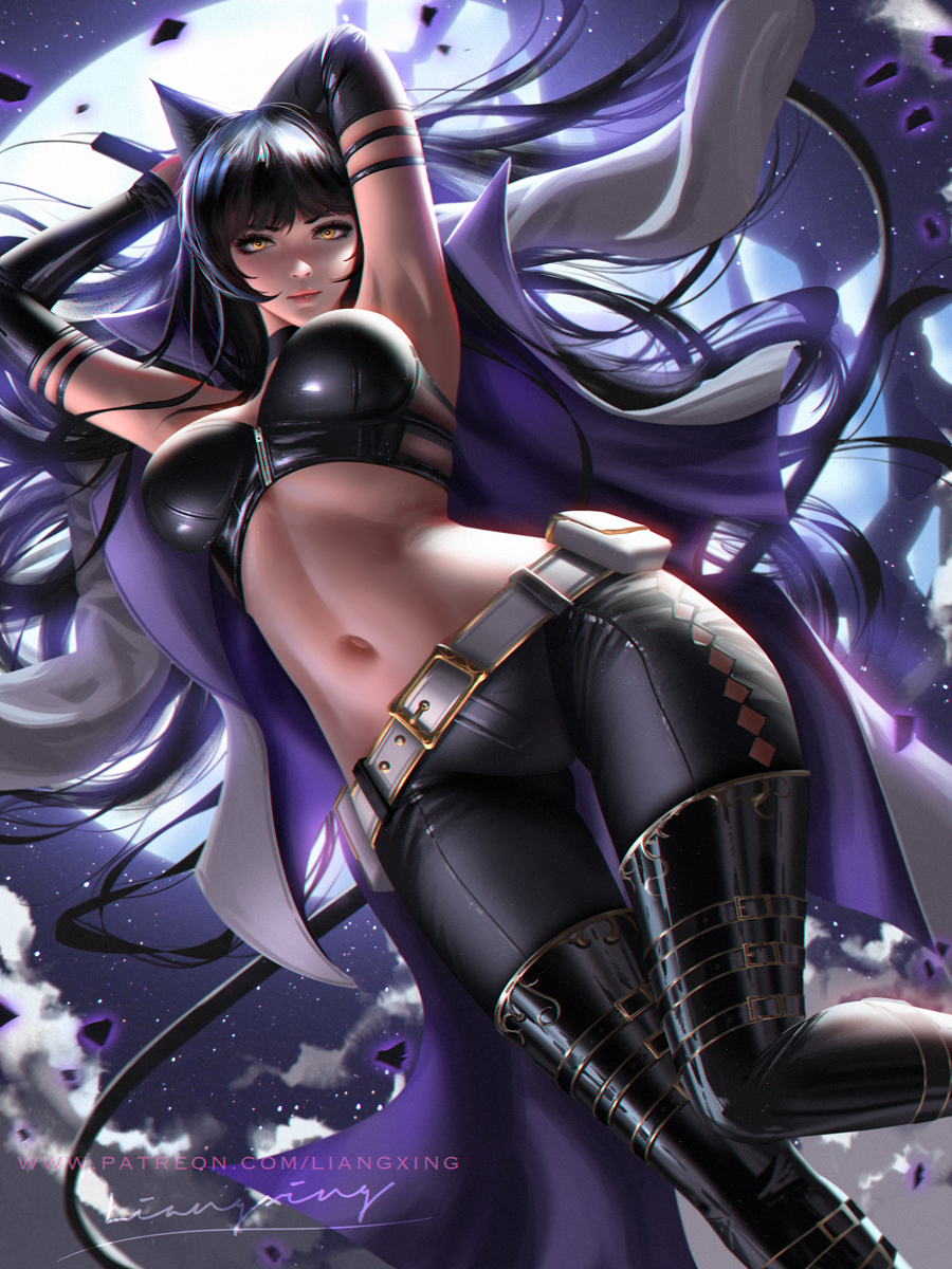 1girl animal_ears armpits arms_up ass_visible_through_thighs bangs belt black_choker black_gloves black_hair blake_belladonna boots breasts breasts_apart broken_moon bustier cat_ears choker closed_mouth coat elbow_gloves gloves highres liang_xing lips long_hair looking_at_viewer medium_breasts midriff moon navel night open_clothes open_coat pants rwby signature solo thigh-highs thigh_boots tight tight_pants watermark web_address yellow_eyes zipper zipper_pull_tab