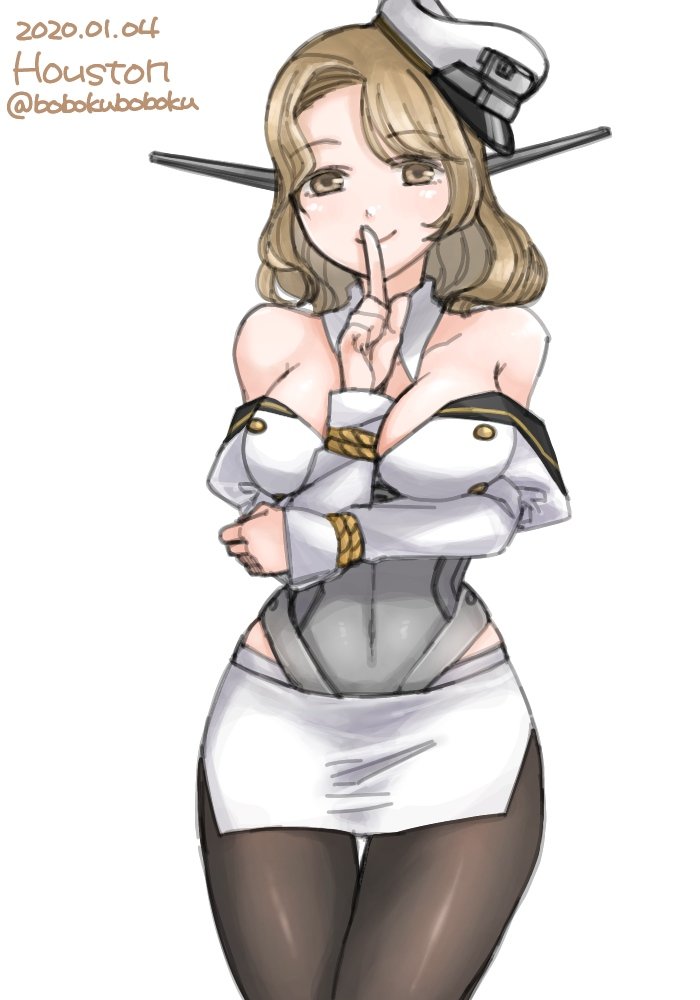 1girl bare_shoulders black_legwear blonde_hair bobokuboboku breasts brown_eyes brown_hair commentary_request corset cowboy_shot finger_to_mouth hat headgear houston_(kantai_collection) kantai_collection large_breasts long_sleeves looking_at_viewer military military_uniform pantyhose peaked_cap pencil_skirt short_hair simple_background skirt smile solo thigh_gap thighband_pantyhose uniform white_background white_skirt