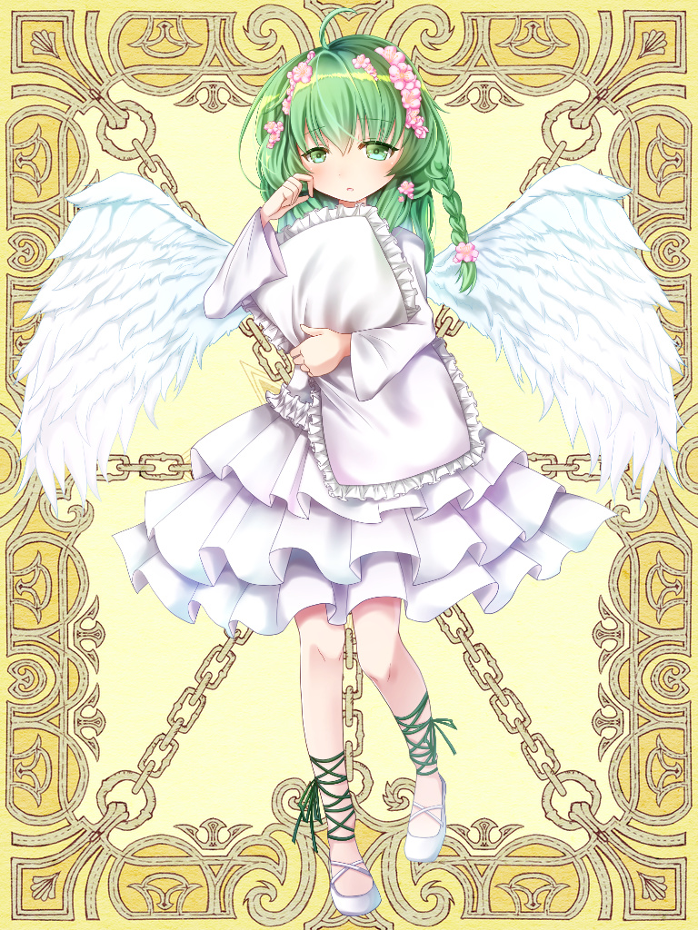 1girl ahoge angel angel_wings anzu_mochiko braid dress feathers flower full_body green_eyes green_hair hair_flower hair_ornament hand_up holding holding_pillow kerberos_blade long_hair long_sleeves looking_at_viewer pillow simple_background slippers solo white_dress white_wings wings yellow_background