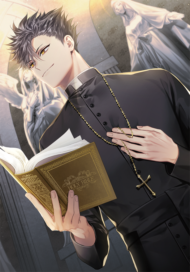 1boy bangs bible black_hair black_sash book buttons cassock closed_mouth collar cross cross_necklace haikyuu!! hand_on_own_chest hemoon holding holding_book holding_necklace indoors jewelry kuroo_tetsurou long_sleeves looking_to_the_side male_focus necklace open_book pendant priest sash short_hair smile solo spiky_hair standing statue turtleneck wings yellow_eyes