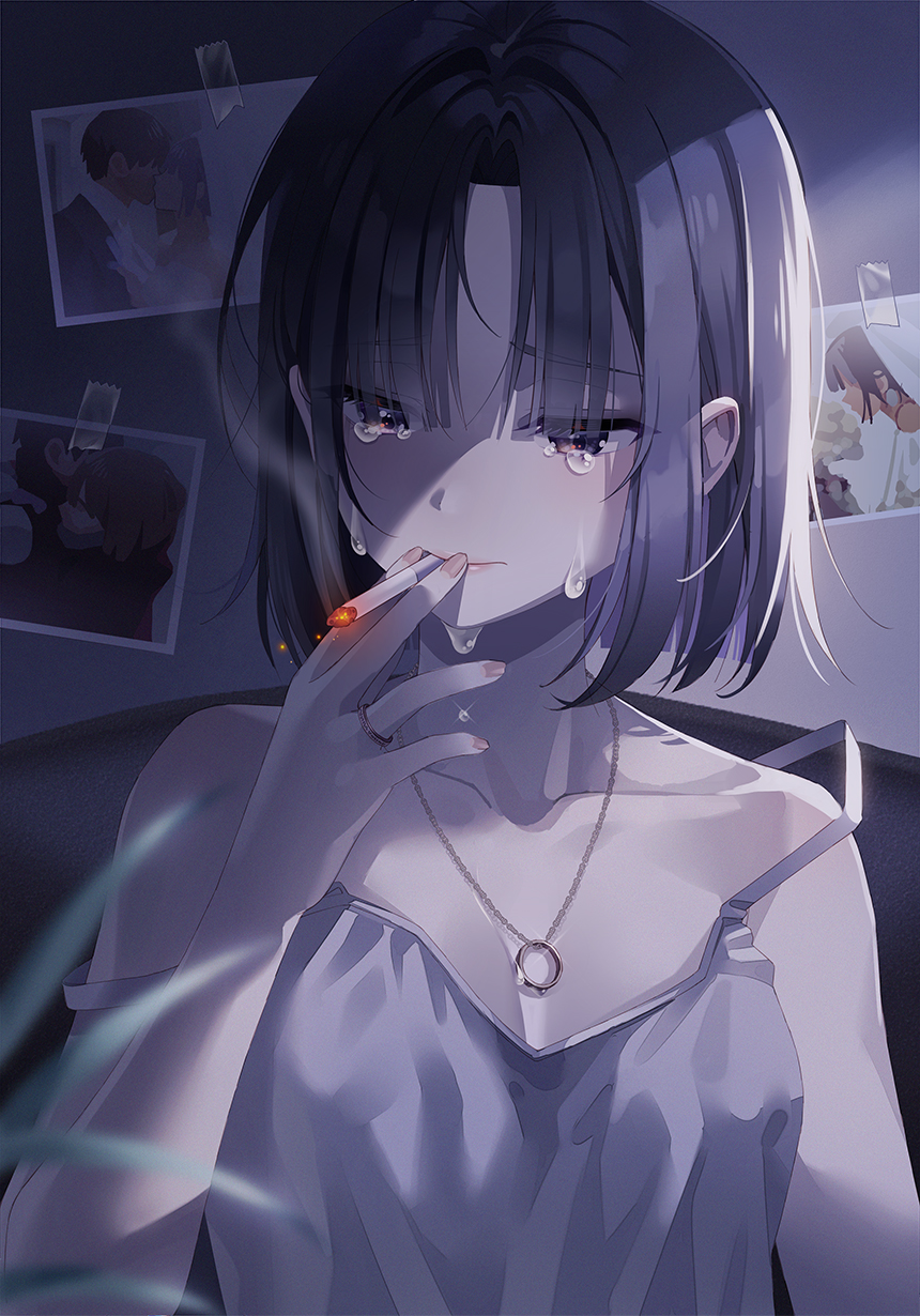 1girl black_hair breasts brown_eyes cigarette collarbone crying crying_with_eyes_open dress highres je35353577 looking_away medium_breasts night original short_hair smoking solo tears wedding_dress white_dress