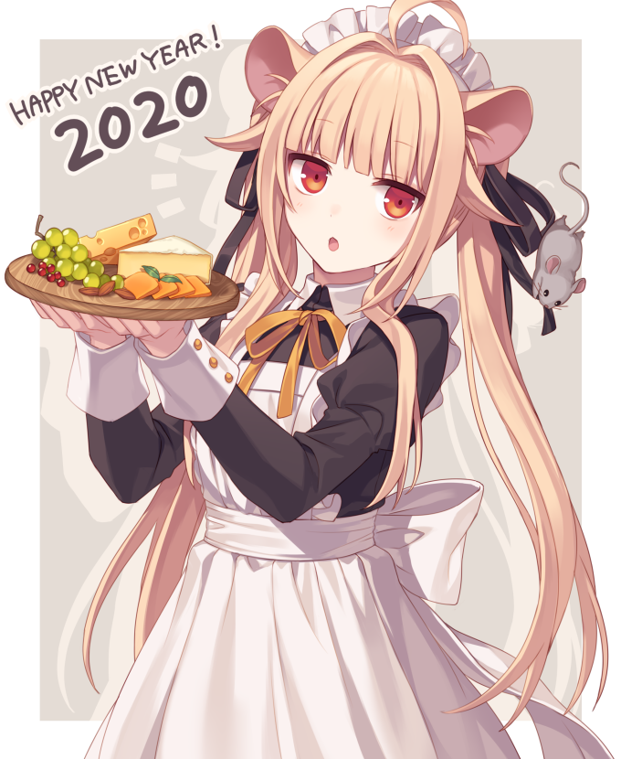 1girl 2020 ahoge animal_ears apron bangs black_ribbon blonde_hair blunt_bangs border cheese eyebrows_visible_through_hair food fruit grapes happy_new_year hijiri_(resetter) looking_at_viewer maid maid_apron maid_headdress mouse mouse_ears new_year original outside_border red_eyes ribbon simple_background solo twintails white_apron white_border