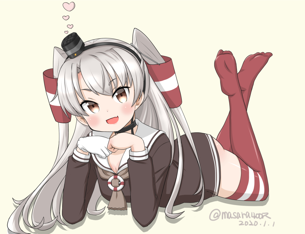 1girl amatsukaze_(kantai_collection) brown_dress commentary_request dated dress fang full_body hair_tubes heart kantai_collection long_hair looking_at_viewer lying masara_(masalucky2010) on_stomach open_mouth red_legwear sailor_dress short_dress silver_hair simple_background skin_fang smile solo striped striped_legwear thigh-highs twitter_username two_side_up white_background windsock