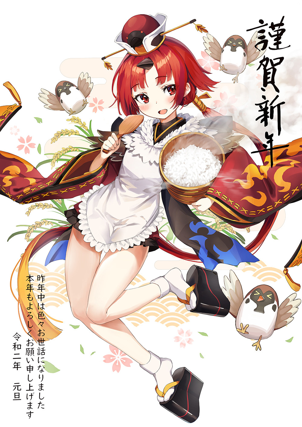 1girl apron benienma_(fate/grand_order) bird blush fate/grand_order fate_(series) happy_new_year hat highres low_ponytail new_year ohitsu platform_footwear ran9u red_eyes redhead rice rice_spoon smile sparrow steam wide_sleeves