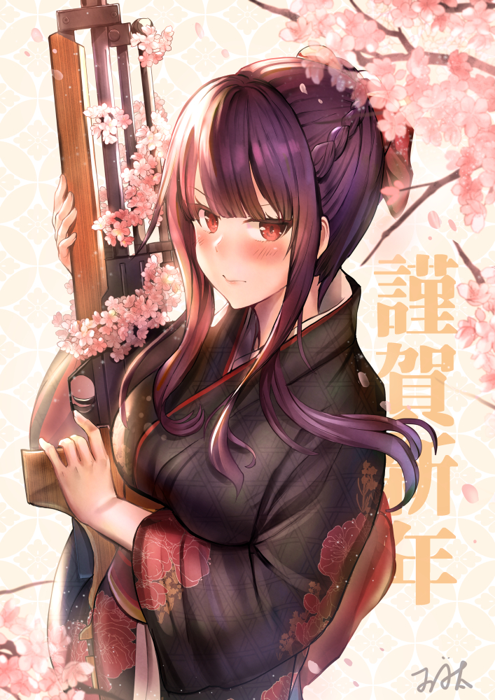 1girl arm_up bangs black_kimono blush bow braid breasts bullpup commentary_request eyebrows_visible_through_hair floral_print flower girls_frontline gun hair_bow holding holding_gun holding_weapon japanese_clothes kimono long_hair long_sleeves looking_at_viewer medium_breasts object_namesake pink_flower print_kimono purple_hair qian_wu_atai red_bow red_eyes rifle sidelocks signature sniper_rifle solo tree_branch wa2000_(girls_frontline) walther walther_wa_2000 weapon wide_sleeves