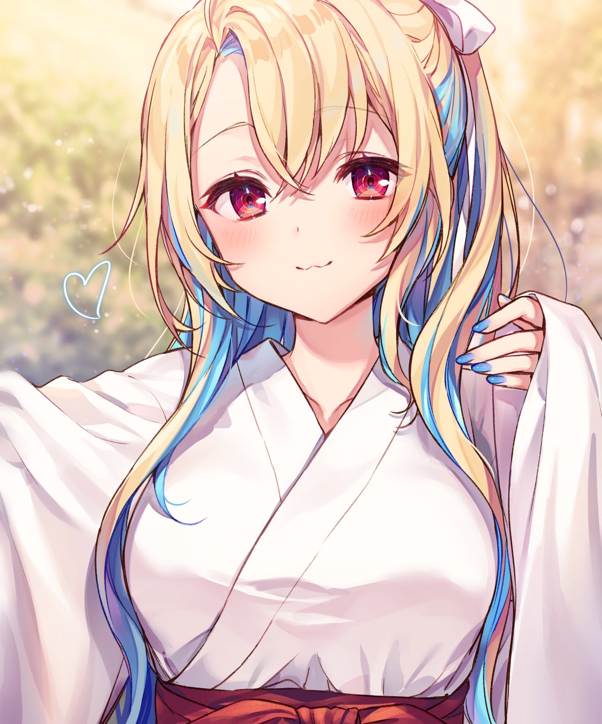 1girl :3 avatar_2.0_project blonde_hair blue_hair blue_nails blush bow breasts closed_mouth eyebrows_visible_through_hair hair_bow heart highlights highres japanese_clothes komeshiro_kasu large_breasts long_hair looking_at_viewer miko minase_shia multicolored_hair red_eyes smile solo upper_body white_bow
