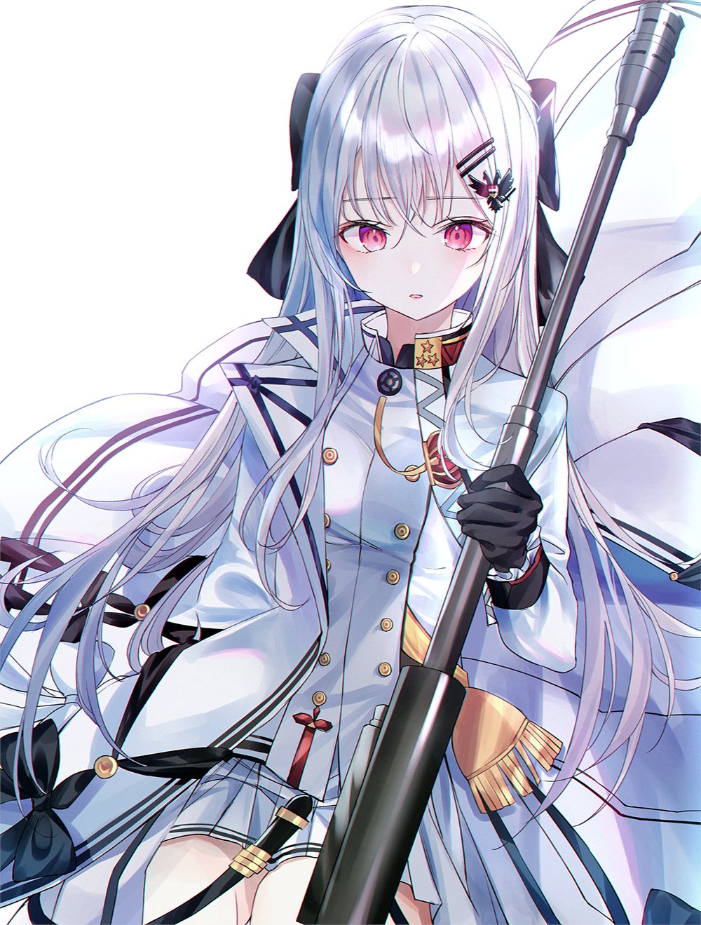 1girl black_gloves buttons collared_jacket girls_frontline gloves gun hair_between_eyes hair_ornament hairclip highres holding holding_gun holding_weapon iws-2000_(girls_frontline) jacket long_hair long_sleeves nabi_(uz02) open_mouth red_eyes rifle shirt skirt solo steyr_iws_2000 weapon white_hair white_jacket white_shirt white_skirt