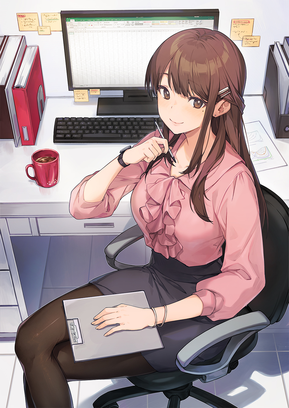 1girl bangs binder bracelet brown_hair chair clipboard closed_mouth coffee_mug computer crossed_legs cup desk from_above hair_ornament hairclip highres holding holding_pen jewelry keyboard_(computer) long_hair looking_back miniskirt mole mole_under_eye monitor mug nagu office office_chair office_lady original pantyhose paper pen pencil_skirt pink_shirt shirt sidelocks sitting skirt smile solo spreadsheet sticky_note tile_floor tiles watch watch