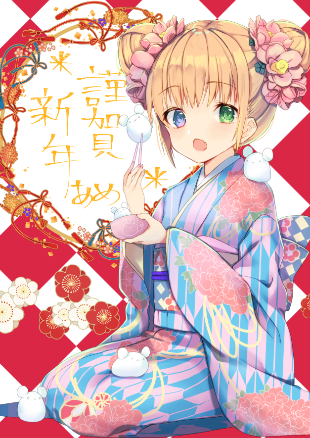 1girl ameshizuku_natsuki animal blonde_hair bowl chinese_zodiac chopsticks commentary_request double_bun fang floral_background flower green_eyes hair_flower hair_ornament heterochromia holding holding_bowl holding_chopsticks japanese_clothes kimono long_sleeves looking_at_viewer mouse obi open_mouth original pink_flower print_kimono sash seiza short_hair sidelocks sitting solo translation_request violet_eyes wide_sleeves yagasuri year_of_the_rat