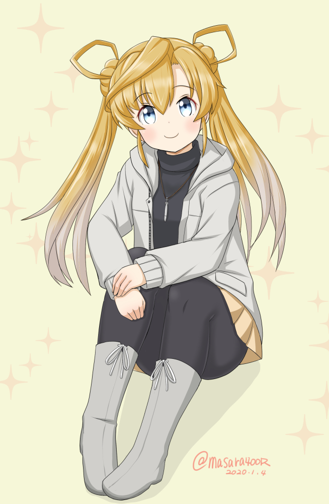 1girl abukuma_(kantai_collection) beige_background beige_skirt black_legwear black_sweater blonde_hair blue_eyes boots dated double_bun full_body grey_footwear grey_jacket hair_rings hood hooded_jacket hoodie jacket kantai_collection long_hair looking_at_viewer masara_(masalucky2010) pantyhose pleated_skirt sitting skirt smile solo sparkle_background sweater twitter_username