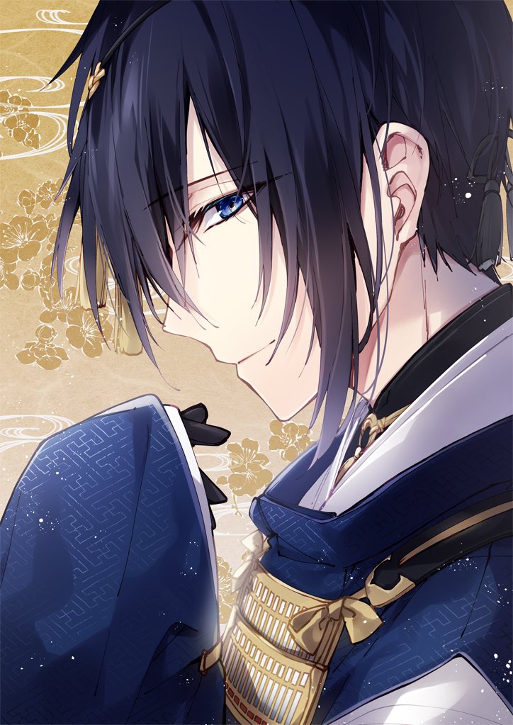 1boy bangs black_gloves black_hair blue_eyes brown_background closed_mouth commentary_request eyebrows_visible_through_hair floral_background gloves hair_between_eyes hair_ornament japanese_clothes kariginu light_smile long_sleeves looking_at_viewer looking_to_the_side male_focus mikazuki_munechika mochizuki_shiina profile sayagata sleeves_past_wrists solo touken_ranbu upper_body
