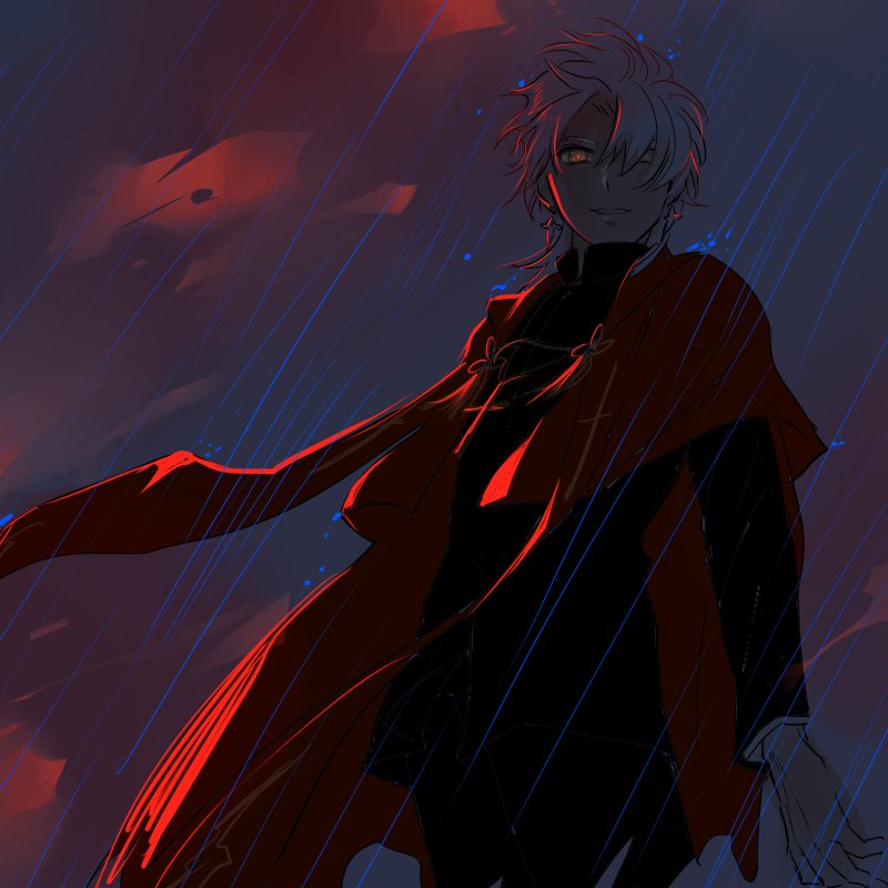 1boy amakusa_shirou_(fate) cape clouds cloudy_sky cross cross_necklace dark_skin earrings fate/apocrypha fate_(series) fmc_(f3m5) glowing glowing_eyes high_contrast jewelry male_focus necklace rain red_eyes sky solo stole white_hair