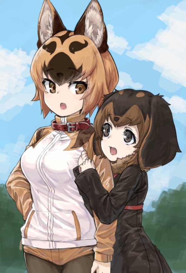 2girls :d :o animal_ear_fluff animal_ears arm_hug bangs black_eyes black_hair blue_sky brown_eyes brown_hair clouds collar dachshund_(kemono_friends)_(nyifu) day dog_ears dog_girl eyebrows_visible_through_hair jacket kemono_friends long_sleeves multicolored_hair multiple_girls nyifu open_mouth original outdoors short_hair sky smile two-tone_hair