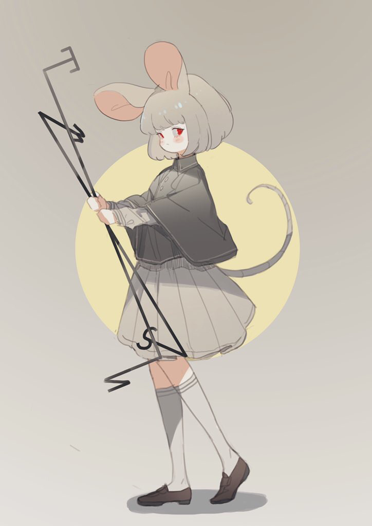 1girl animal_ears brown_footwear capelet commentary_request dowsing_rod from_side grey_hair grey_legwear grey_skirt heoningu loafers looking_at_viewer mouse_ears mouse_tail nazrin red_eyes shoes short_hair skirt solo tail touhou walking