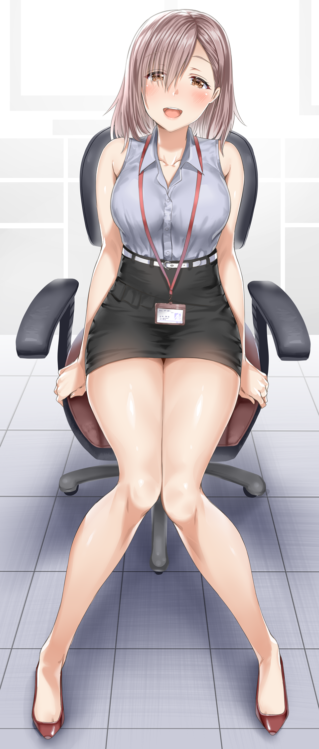 1girl :d aldehyde bangs bare_arms bare_legs bare_shoulders black_skirt breasts brown_eyes brown_hair buttons chair collarbone collared_shirt commentary_request dress_shirt flats grey_shirt hair_over_one_eye high-waist_skirt highres id_card knees_together_feet_apart lanyard large_breasts looking_at_viewer miniskirt office_chair office_lady open_mouth original pencil_skirt red_footwear shadow shirt shirt_tucked_in short_hair sitting skirt sleeveless sleeveless_shirt smile solo thighs tile_floor tiles