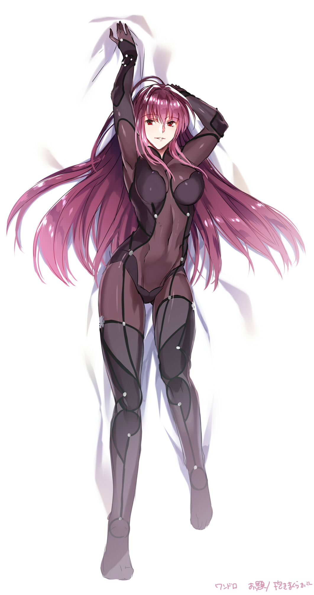 1girl bodysuit breasts covered_navel dakimakura fate/grand_order fate_(series) highres leotard looking_at_viewer no_armor purple_bodysuit purple_hair purple_leotard red_eyes scathach_(fate)_(all) solo ycco_(estrella)