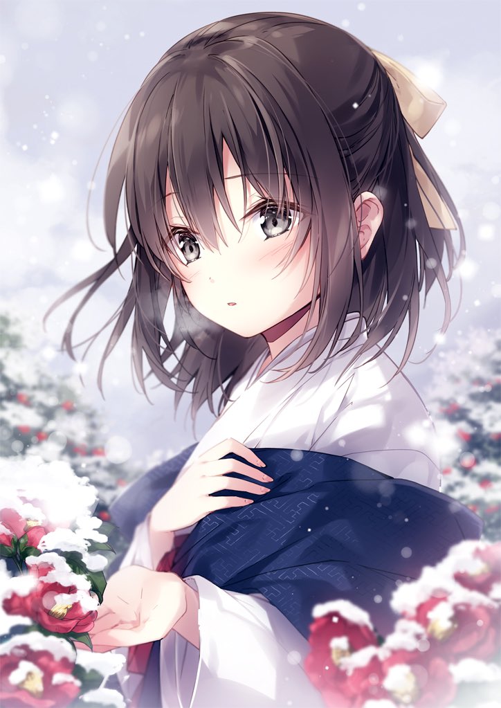 1girl bangs blurry blurry_background blush bow breath brown_eyes brown_hair commentary_request day depth_of_field eyebrows_visible_through_hair female_saniwa_(touken_ranbu) flower hair_between_eyes hair_bow hands_up japanese_clothes kimono long_sleeves looking_away miko mochizuki_shiina outdoors overcast parted_lips red_flower saniwa_(touken_ranbu) sayagata snow snowing solo touken_ranbu upper_body white_kimono wide_sleeves