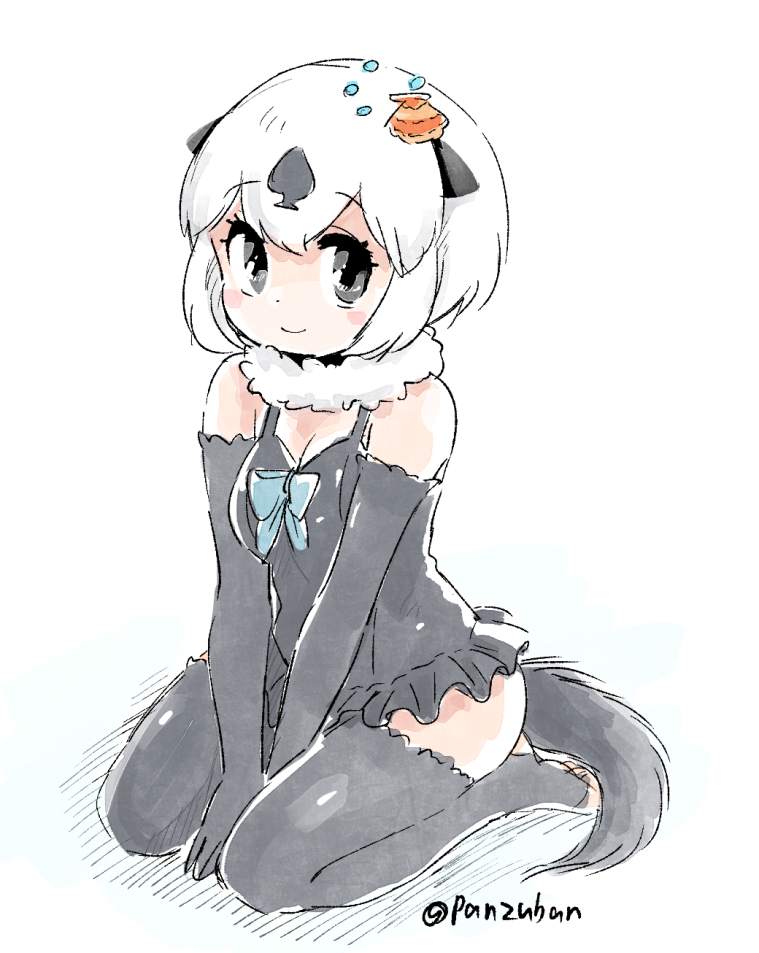 1girl animal_ears bare_shoulders black_gloves black_hair black_legwear black_swimsuit blush_stickers californian_sea_otter_(kemono_friends) commentary detached_sleeves elbow_gloves eyebrows_visible_through_hair frilled_swimsuit frills full_body fur_collar gloves grey_eyes hair_ornament kemono_friends looking_at_viewer multicolored_hair one-piece_swimsuit otter_ears otter_tail panzuban shell_hair_ornament short_hair sitting smile solo swimsuit tail thigh-highs toeless_legwear twitter_username v_arms wariza white_hair zettai_ryouiki