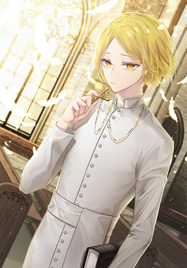1boy alternate_color arm_up bangs bible blonde_hair book buttons cassock closed_mouth collar cross cross_necklace day feathers haikyuu!! hemoon holding holding_book holding_cross indoors jewelry kozume_kenma long_sleeves looking_at_viewer male_focus necklace parted_bangs pendant priest sash short_hair solo standing turtleneck white_feathers white_sash window yellow_eyes