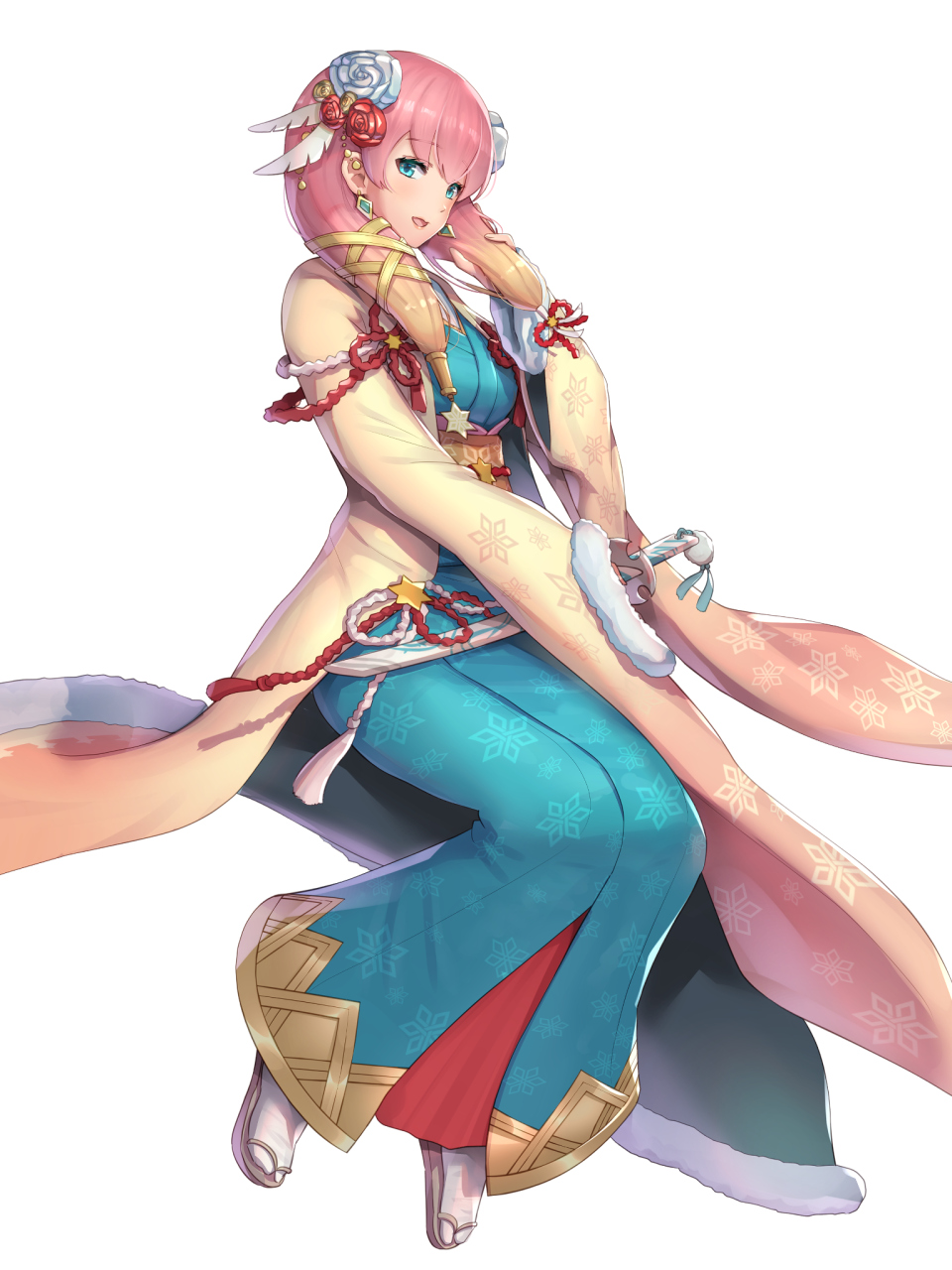 1girl blonde_hair blue_eyes breasts closed_eyes earrings feathers fire_emblem fire_emblem_heroes flower full_body gonzarez gradient_hair gunnthra_(fire_emblem) hair_feathers hair_flower hair_ornament hand_in_hair highres japanese_clothes jewelry katana kimono long_sleeves looking_at_viewer medium_breasts medium_hair multicolored_hair new_year obi open_mouth pink_hair sandals sash scabbard sheath sheathed simple_background snowflake_print socks solo sword two-tone_hair weapon white_background wide_sleeves yukata