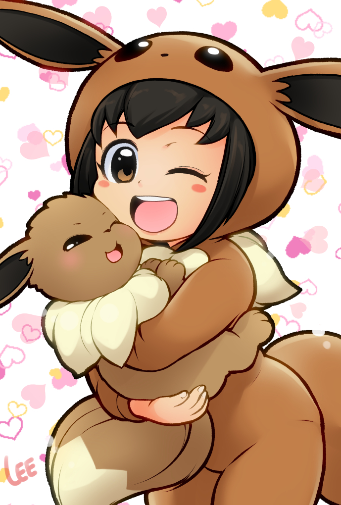 1girl ;d artist_name black_hair blush brown_eyes child commentary_request cosplay eevee eevee_(cosplay) gen_1_pokemon heart heart_background holding holding_pokemon hood lee_(colt) long_sleeves looking_at_viewer one_eye_closed open_mouth poke_kid_(pokemon) pokemon pokemon_(creature) pokemon_(game) pokemon_swsh round_teeth simple_background smile teeth