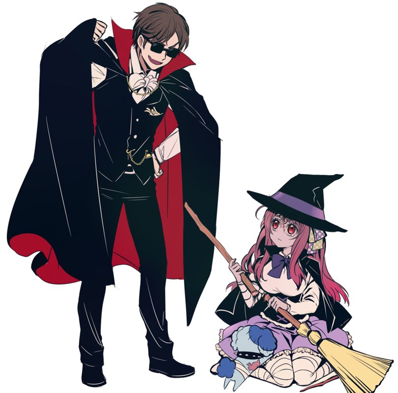 1boy 1girl 1other alternate_costume bandaged_leg bandages black_footwear bow bowtie broken broom brown_hair cape da_huang facial_scar fang full_body hair_ribbon hat long_hair long_pants long_sleeves medium_skirt minamoto_sakura pants pocket_watch red_eyes redhead ribbon romero_(zombie_land_saga) scar shoes short_hair sitting skirt standing tatsumi_koutarou underbust vampire_costume vest wariza watch witch_costume witch_hat zombie_land_saga