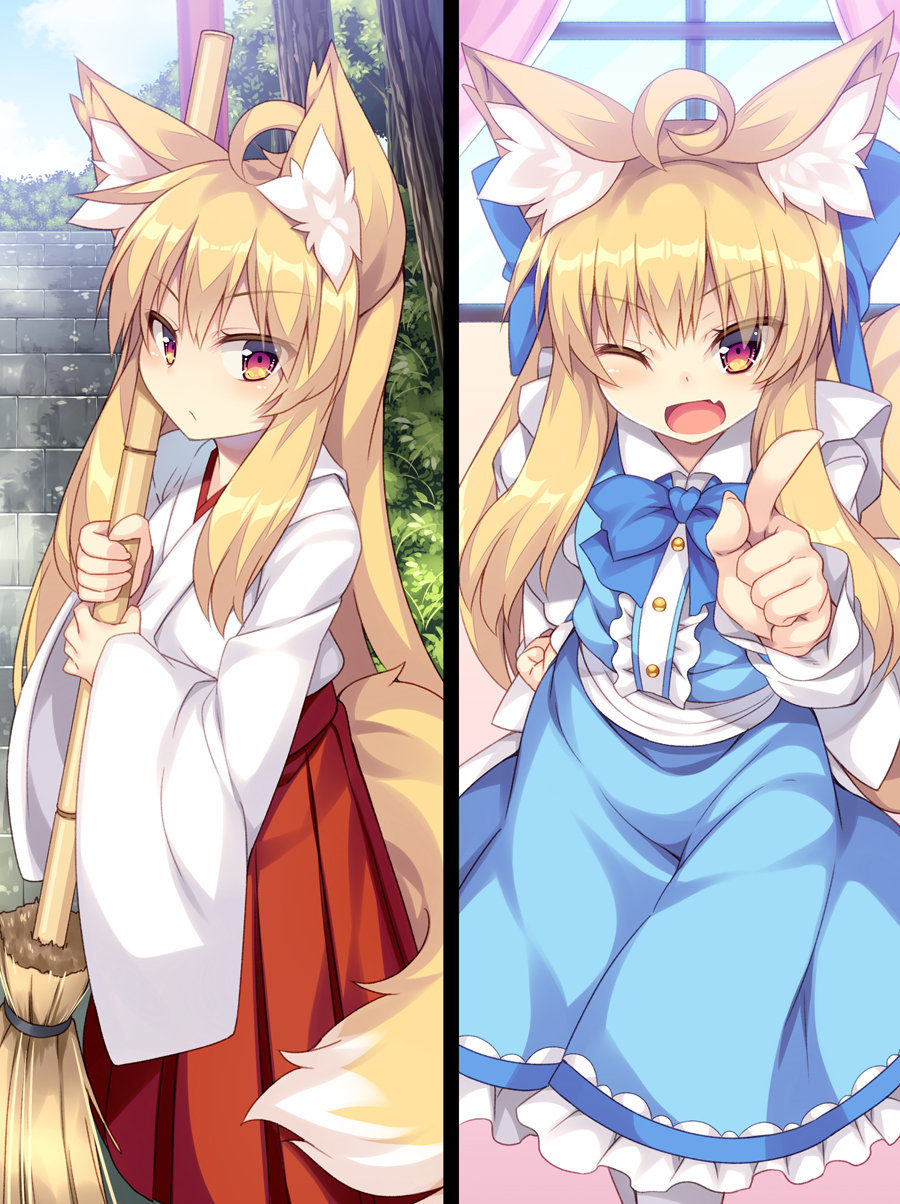 1girl animal_ear_fluff animal_ears bangs blonde_hair blue_bow blue_dress blush bow broom dress fang fox_ears fox_tail hair_bow highres indoors japanese_clothes long_hair looking_at_viewer miko multiple_views one_eye_closed open_mouth original outdoors pointing red_eyes roshin solo tail