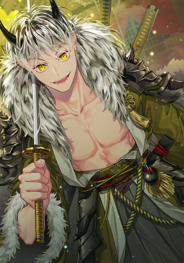 1boy abs alternate_hairstyle armor bangs black_hair bokuto_koutarou collar collarbone eyebrows_visible_through_hair fur fur_collar fur_trim grey_hair haikyuu!! hair_down hemoon holding holding_sword holding_weapon horns katana long_sleeves looking_at_viewer male_focus midriff multicolored_hair muscle open_clothes open_mouth pauldrons short_hair slit_pupils smile solo standing sword tassel teeth traditional_clothes two-tone_hair weapon wide_sleeves yellow_eyes