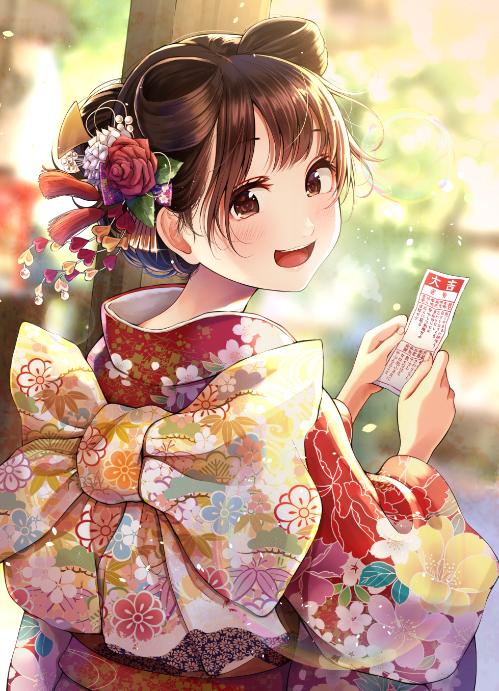 1girl :d back_bow bangs blurry blurry_background blush bow brown_eyes brown_hair commentary_request depth_of_field eyebrows_visible_through_hair floral_print flower furisode hair_flower hair_ornament hair_rings highres holding japanese_clothes kentaurosu kimono long_sleeves looking_at_viewer looking_back matsuno_chiya open_mouth original print_kimono red_flower red_kimono red_rose rose short_hair smile solo upper_body upper_teeth white_flower wide_sleeves