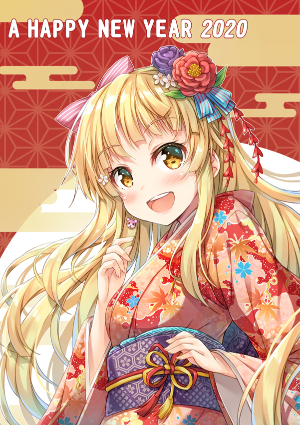 1girl :d bang_dream! blonde_hair blue_ribbon blush bow commentary_request earrings floral_print flower flower_knot hair_bow hair_flower hair_ornament hair_ribbon japanese_clothes jewelry kanzashi kimono long_hair long_sleeves looking_at_viewer michelle_(bang_dream!) nengajou new_year obi open_mouth outline pink_bow purple_flower red_flower red_kimono ribbon sash smile solo striped striped_bow striped_ribbon tassel tomo_wakui tsurumaki_kokoro upper_body white_flower white_outline wide_sleeves yellow_eyes