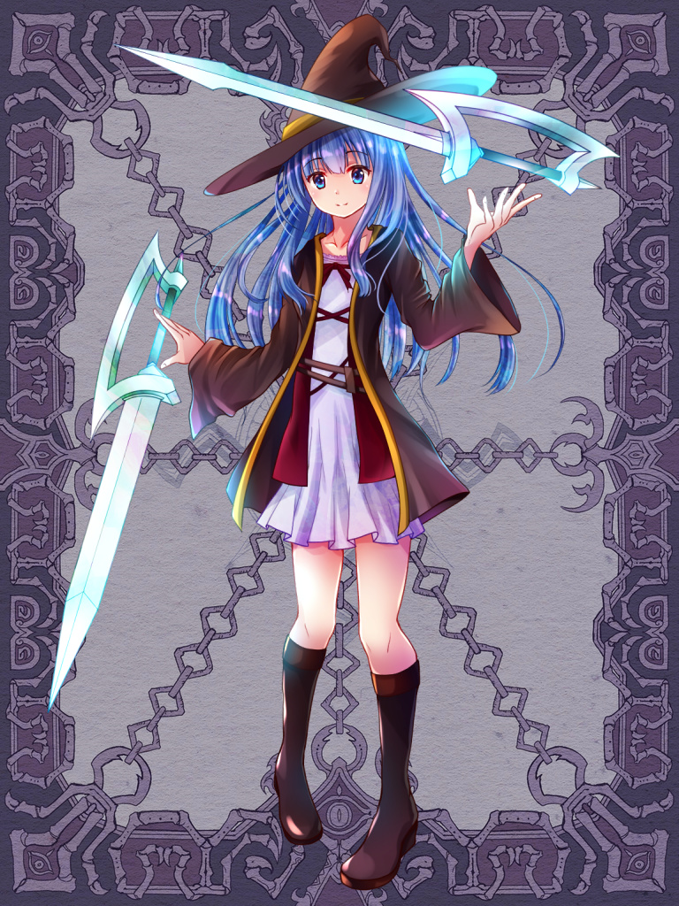 1girl anzu_mochiko black_legwear blue_eyes blue_hair boots dual_wielding full_body grey_background hat holding kerberos_blade knee_boots kneehighs long_hair looking_at_viewer skirt smile solo standing white_skirt wide_sleeves witch_hat