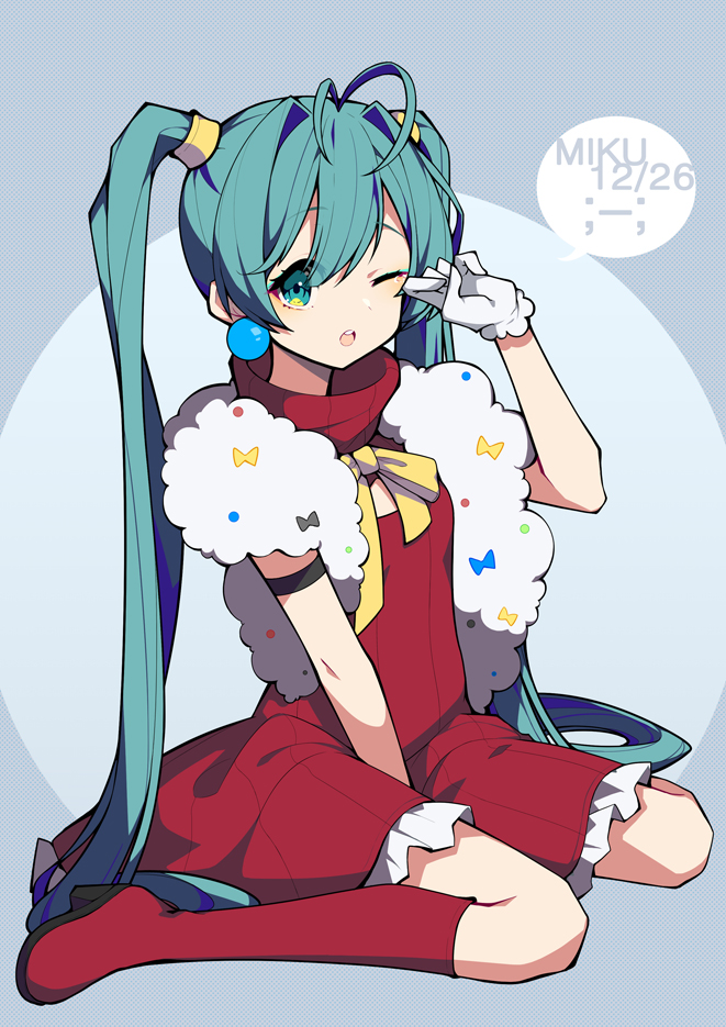 1girl ahoge aqua_hair blue_background boots bow bowtie character_name christmas dated dress earrings full_body gloves green_eyes hatsune_miku high_heels jewelry knee_boots long_hair norang_doryeong one_eye_closed open_mouth red_dress red_footwear sitting solo twintails very_long_hair vocaloid wariza white_gloves yellow_neckwear