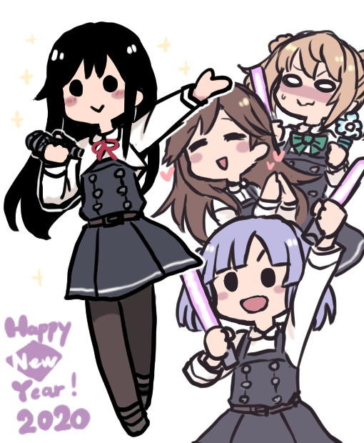 2020 4girls :&gt; :d arashio_(kantai_collection) asashio_(kantai_collection) black_hair blush brown_hair closed_eyes dress glowstick grey_hair happy_new_year kantai_collection light_brown_hair long_hair long_sleeves michishio_(kantai_collection) multiple_girls new_year nose_blush o_o ooshio_(kantai_collection) open_mouth pantyhose pinafore_dress red_ribbon remodel_(kantai_collection) ribbon simple_background smile standing terrajin twintails white_background