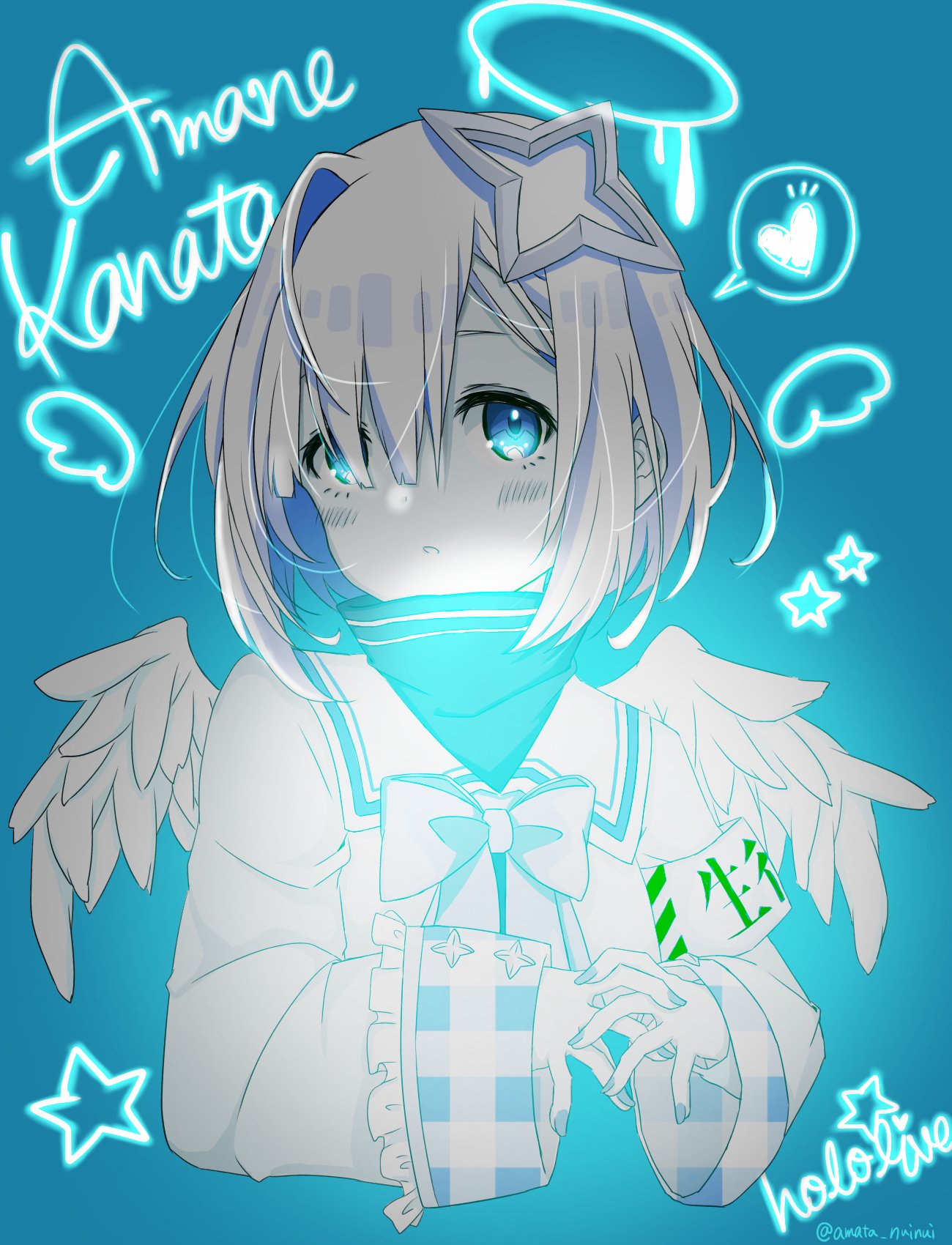 1girl amane_kanata armband blue_background blue_eyes character_name commentary glowing hair_between_eyes hair_ornament highres hololive looking_at_viewer portrait ribbon short_hair simple_background solo twitter_username virtual_youtuber