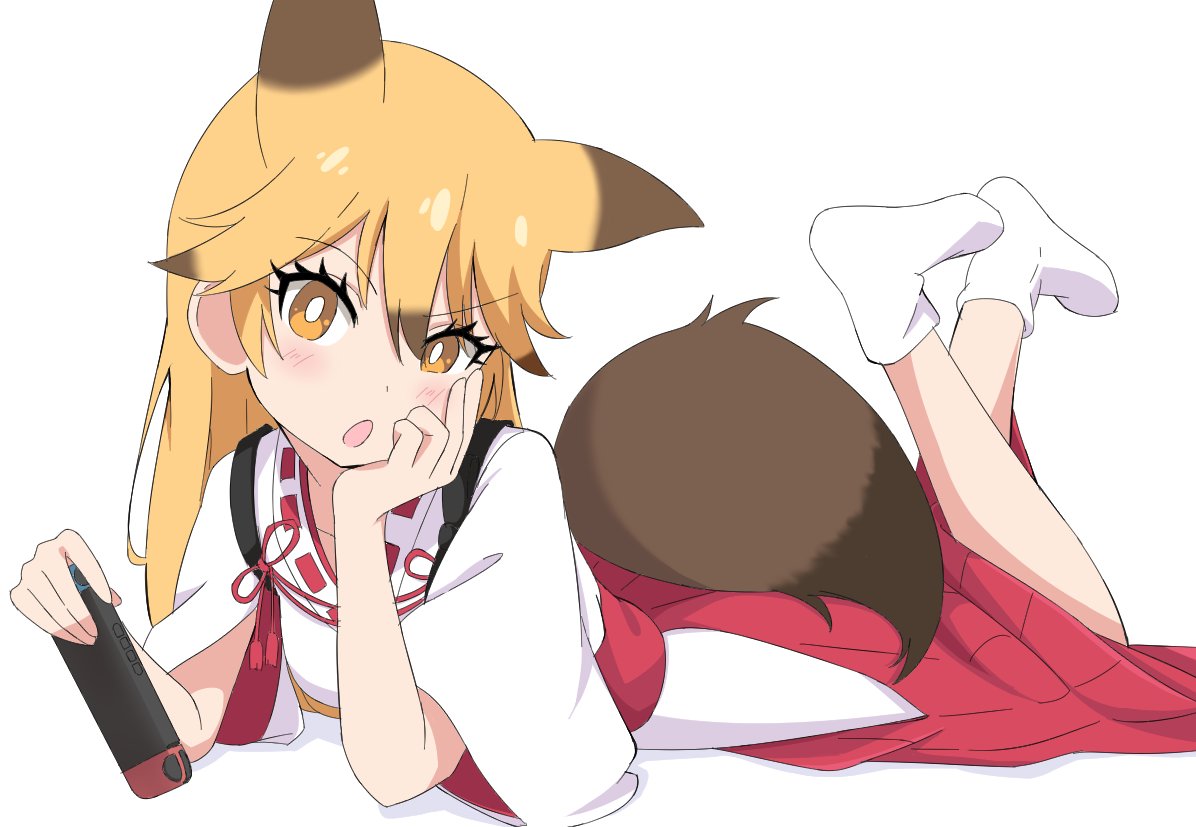 1girl alternate_costume animal_ears brown_hair commentary_request extra_ears eyebrows_visible_through_hair ezo_red_fox_(kemono_friends) feet_up fox_ears fox_girl fox_tail hakama head_on_hand ilyfon133 japanese_clothes kemono_friends kemono_friends_3 long_hair looking_at_viewer lying miko multicolored_hair nintendo_switch on_stomach orange_eyes orange_hair shirt socks solo tail white_legwear white_shirt