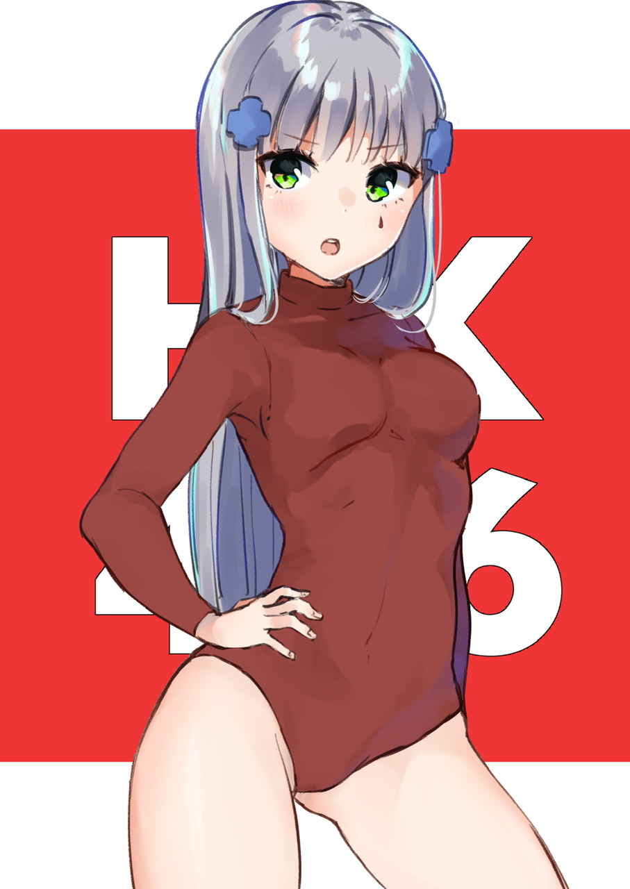 1girl alternate_costume bangs cowboy_shot cross_hair_ornament eyebrows_visible_through_hair facial_mark girls_frontline green_eyes hair_ornament hand_on_hip highres hk416_(girls_frontline) kodama_(koda_mat) leotard long_hair open_mouth red_leotard red_sweater silver_hair solo sweater teardrop turtleneck_leotard uniqlo