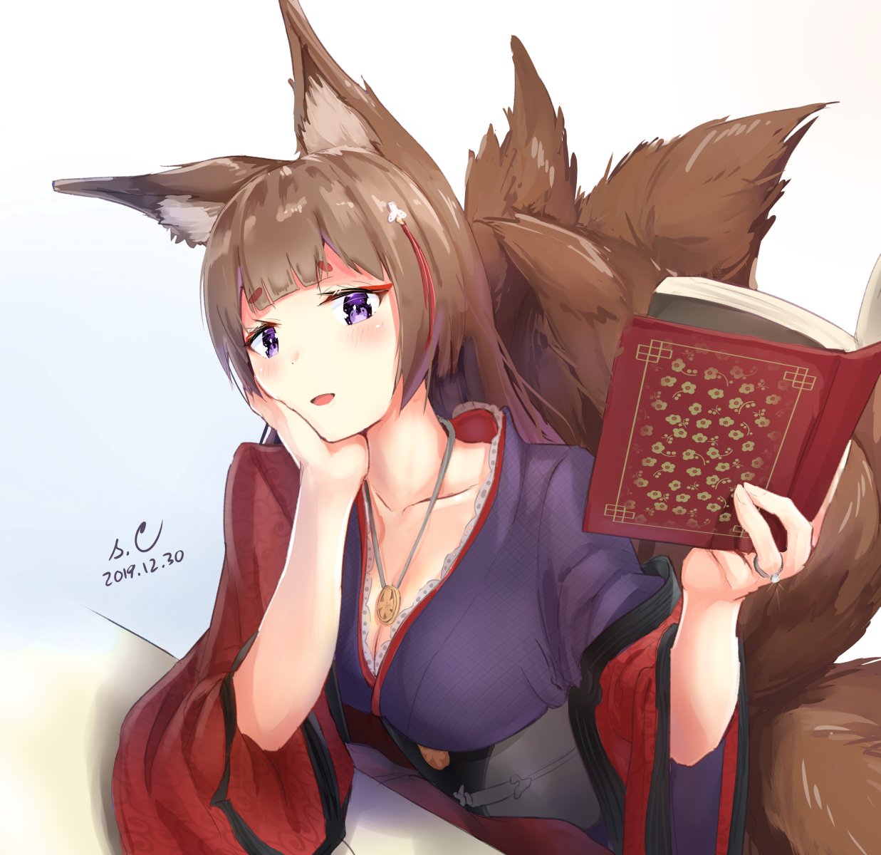 1girl amagi_(azur_lane) animal_ears azur_lane book brown_hair chin_rest dated english_commentary fox_ears fox_tail hand_on_own_cheek highres holding holding_book japanese_clothes jewelry kimono multiple_tails necklace ring s.claw tail violet_eyes wedding_ring