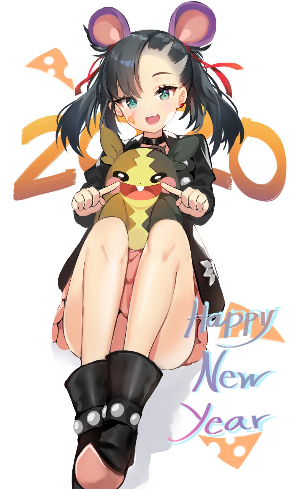 1girl 2020 animal_ears aqua_eyes asymmetrical_bangs asymmetrical_hair bangs black_footwear black_hair black_jacket black_nails blush breasts choker commentary dan_gan dress earrings fake_animal_ears fang hair_ribbon happy_new_year highres jacket jewelry long_sleeves looking_at_viewer mary_(pokemon) morpeko mouse_ears new_year open_clothes pink_dress pokemon pokemon_(game) pokemon_swsh red_ribbon ribbon shoes twintails