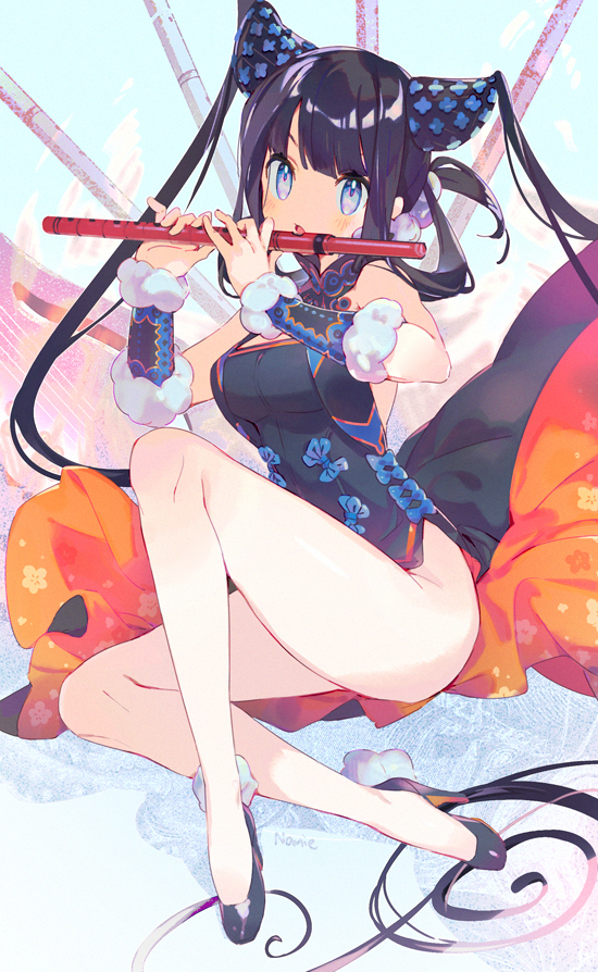 1girl black_hair blue_eyes breasts fate/grand_order fate_(series) flute high_heels instrument long_hair music namie-kun playing_instrument signature sitting thighs twintails very_long_hair yang_guifei_(fate/grand_order)