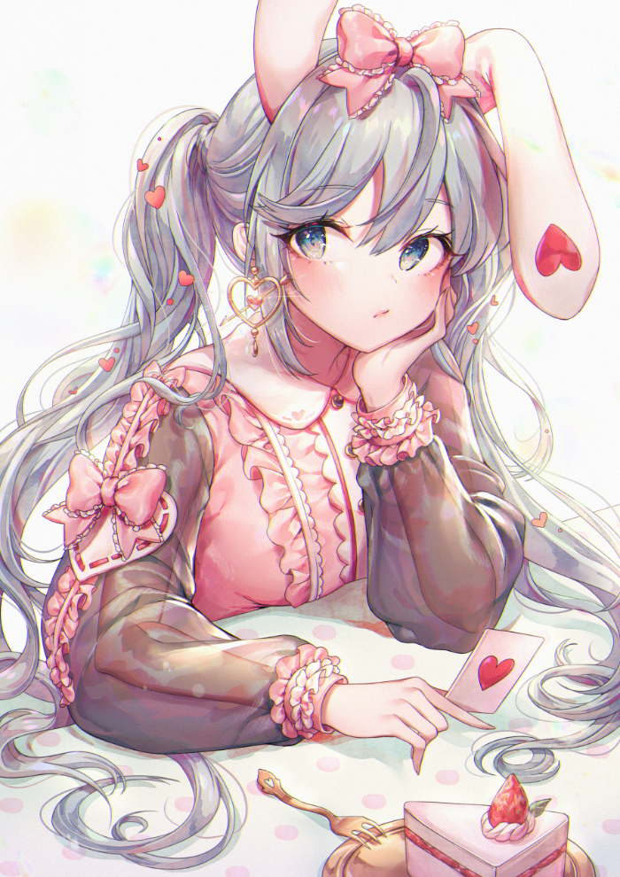 1girl animal_ears bangs between_fingers blue_eyes bow cake card commentary dress eyebrows_visible_through_hair food fork fruit grey_background grey_hair hair_between_eyes hatsune_miku heart holding holding_card kemonomimi_mode long_hair long_sleeves ozzingo pink_bow pink_dress plate puffy_long_sleeves puffy_sleeves rabbit_ears see-through see-through_sleeves slice_of_cake solo strawberry twintails upper_body vocaloid
