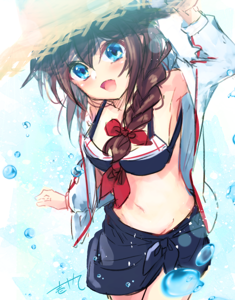 1girl alternate_costume bikini blue_eyes braid brown_hair hair_ribbon hat ittokyu jacket kantai_collection open_clothes open_jacket open_mouth red_ribbon ribbon shigure_(kantai_collection) straw_hat swimsuit water